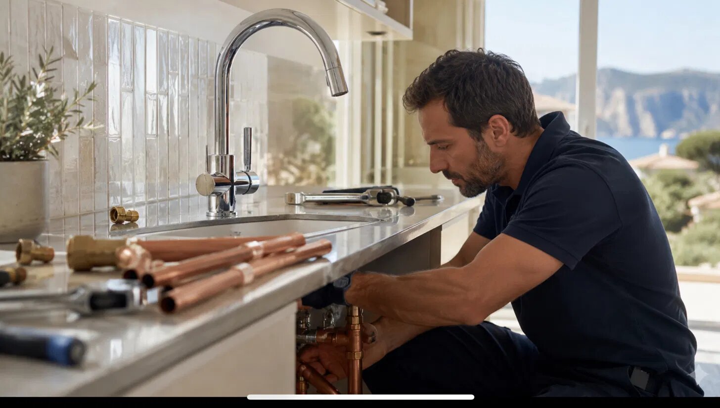 Plombier en intervention dans une cuisine avec vue mer